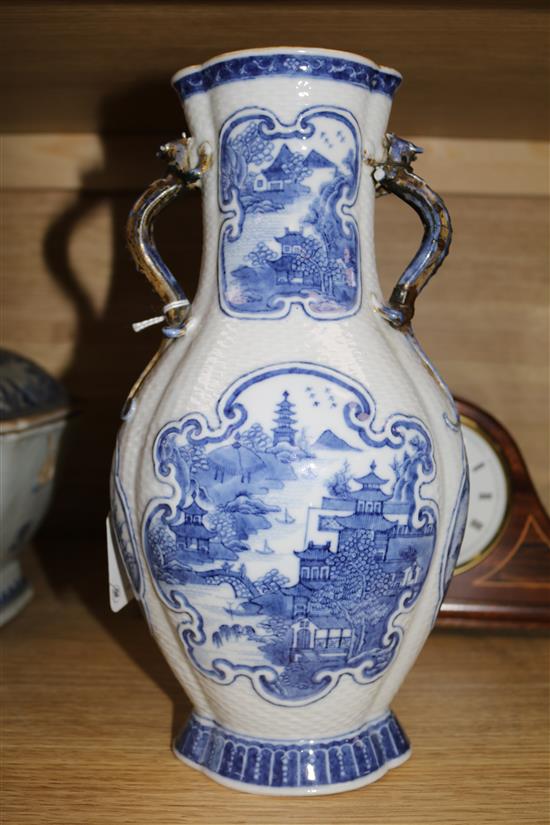 A Chinese blue and white vase, 28.5cm and a similar tureen and cover, 32cm (vase handle damaged, tureen handle lacking)